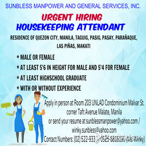 Urgent Hiring Housekeeping Attendant for NCR and South Provincial. | PostAds PH