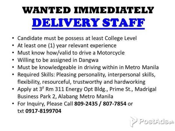 Immediate Hiring Delivery Staff