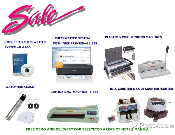 Checkwriter, Binding Machine, Watchman, Laminator & Bill Counter