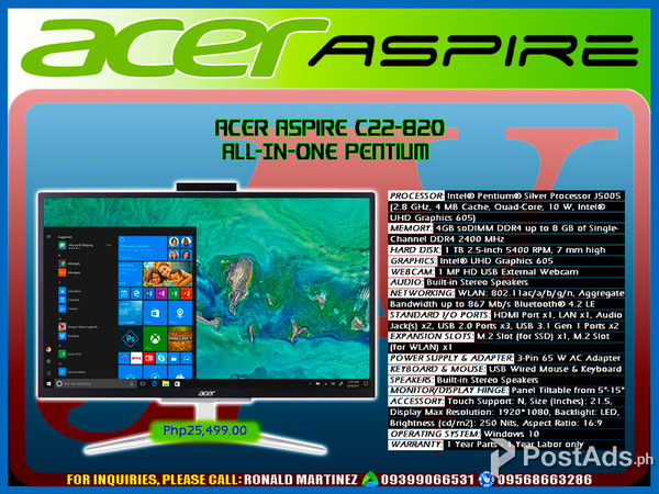 Computer Desktop ACER ASPIRE C22-820 ALL-IN-ONE PENTIUM
