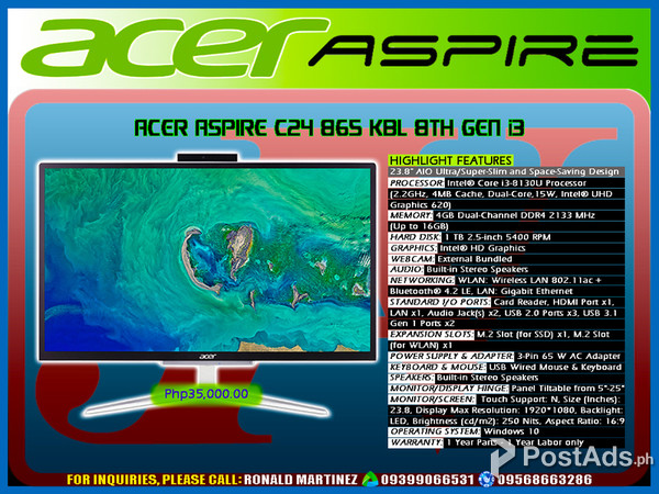 Computer Desktop ACER ASPIRE C24 865 KBL 8th Gen i3