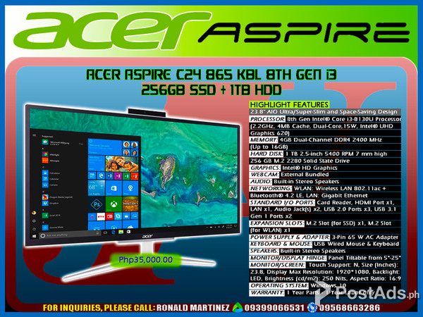 Computer Desktop ACER ASPIRE C24 865 KBL 8th Gen i3 256GB SSD + 1TB HD