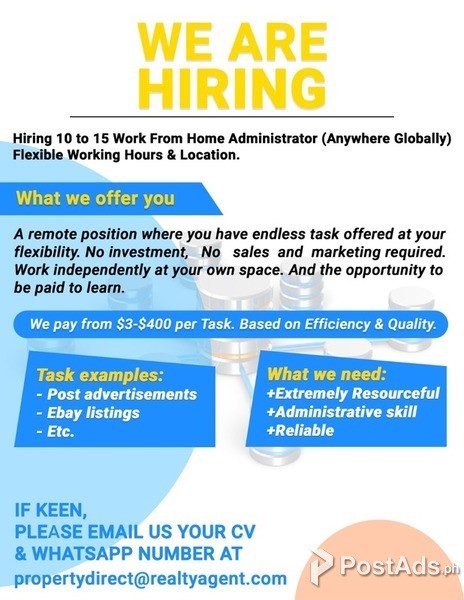 Looking for Work From Home Administrator (Anywhere Globally)
