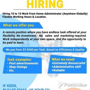 Looking for Work From Home Administrator (Anywhere Globally) | PostAds PH