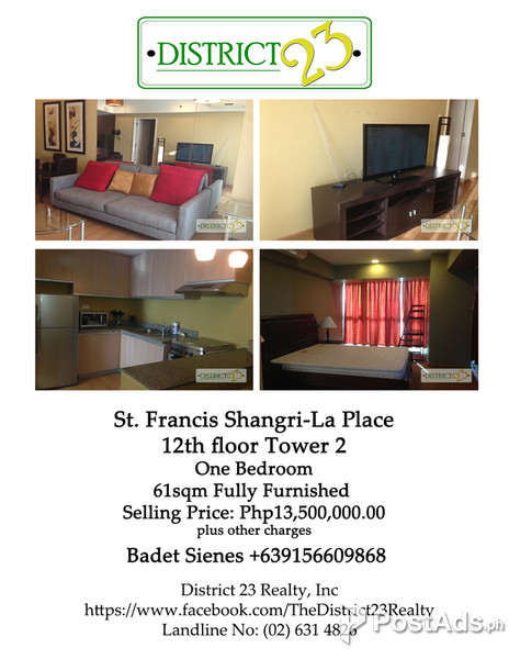 ST. FRANCIS SHANGRI-LA PLACE 1Bedroom Fully Furnished 12th flr Tower 2