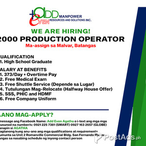 HIRING 2000 PRODUCTION OPERATORS | PostAds PH
