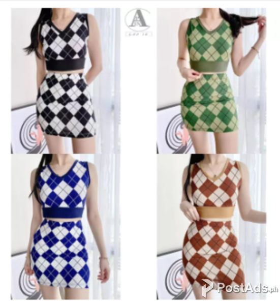 CAPIN Argyle Diamond V Neck Mini Skirt Terno Set