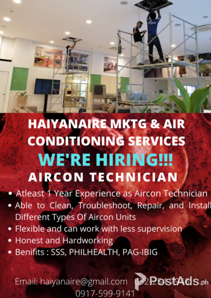 Immediate Hiring Aircon Technicians