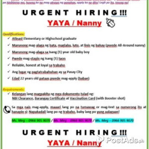 URGENT HIRING - Yay/Nanny | PostAds PH