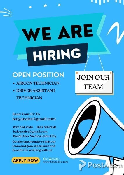 Urgent Hiring Aircon Technicians & Driver-Assistant Technician 