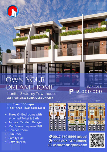  3BR Modern Townhouse EAST FAIRVIEW NEAR WILCON AND PUREGOLD