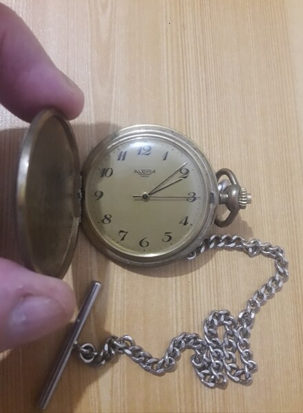 Gold Antique RARE !!! ALERA SWISS pocket Watch With Silver Watch Chain.