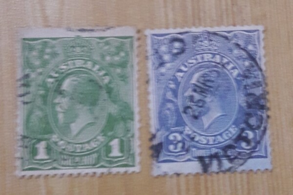 Australia King George V Stamps 1 Penny Green and 3 Pence Blue Used.