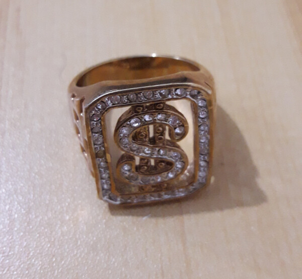 Gold 14k overlay with 1 carat CZ's dollar sign ring Size 20.