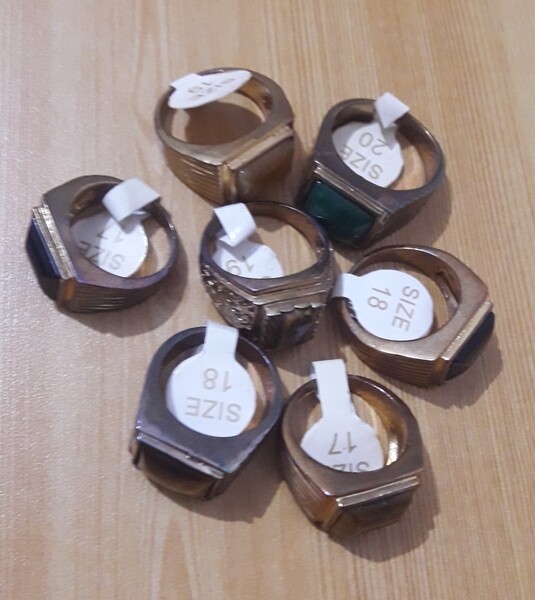 7 GOLD PLATED MENS RINGS WITH STONES SIZES 17 to 20 BRAND NEW !!!