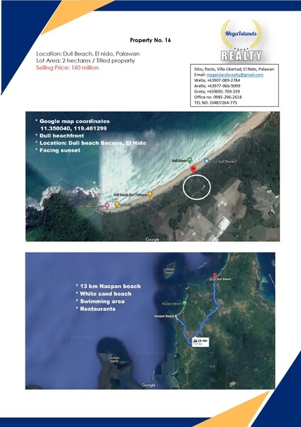 uli Beach, El nido, Palawan Lot Area: 2 hectares / Titled property