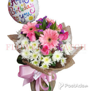 Bouquet of 6 Roses, 3 Gerberas with Mums and Happy Birthday Balloon | PostAds PH
