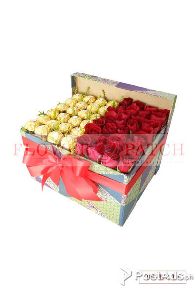 24 Red Roses with 24pcs. Ferrero Rocher Chocolates in a Paper Box