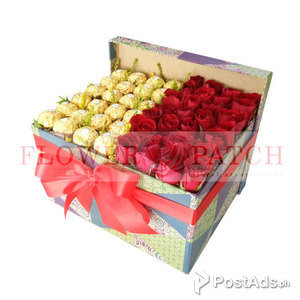 24 Red Roses with 24pcs. Ferrero Rocher Chocolates in a Paper Box | PostAds PH
