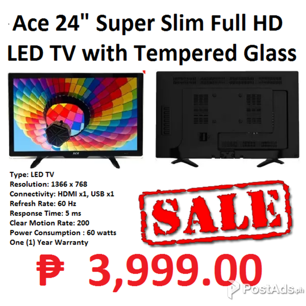 Ace 24" Super Slim Full HD LED TV Black LED-802 with Tempered Glass